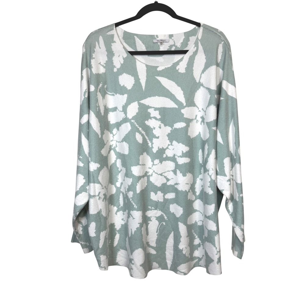 Vila Milano Womens 2X Sage Green White Floral Knit Long Sleeve Top Sweater